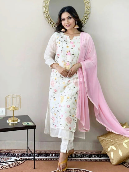 Off White Hand Embroidery Cotton Kurta with lining, Pant & Pink Pure contrast Dupatta
Regular priceR
