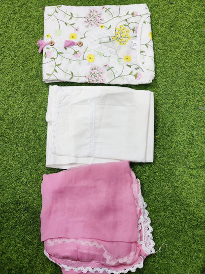 Off White Hand Embroidery Cotton Kurta with lining, Pant & Pink Pure contrast Dupatta
Regular priceR