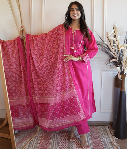 Floral Embroidered Chanderi Cotton  Patti  Work Kurta And Pant With Dupatta Set