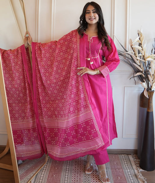 Floral Embroidered Chanderi Cotton  Patti  Work Kurta And Pant With Dupatta Set