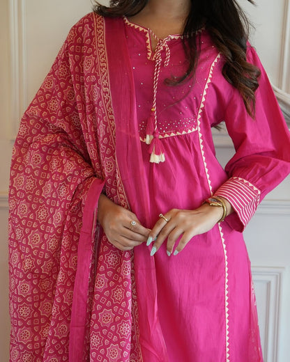 Floral Embroidered Chanderi Cotton  Patti  Work Kurta And Pant With Dupatta Set