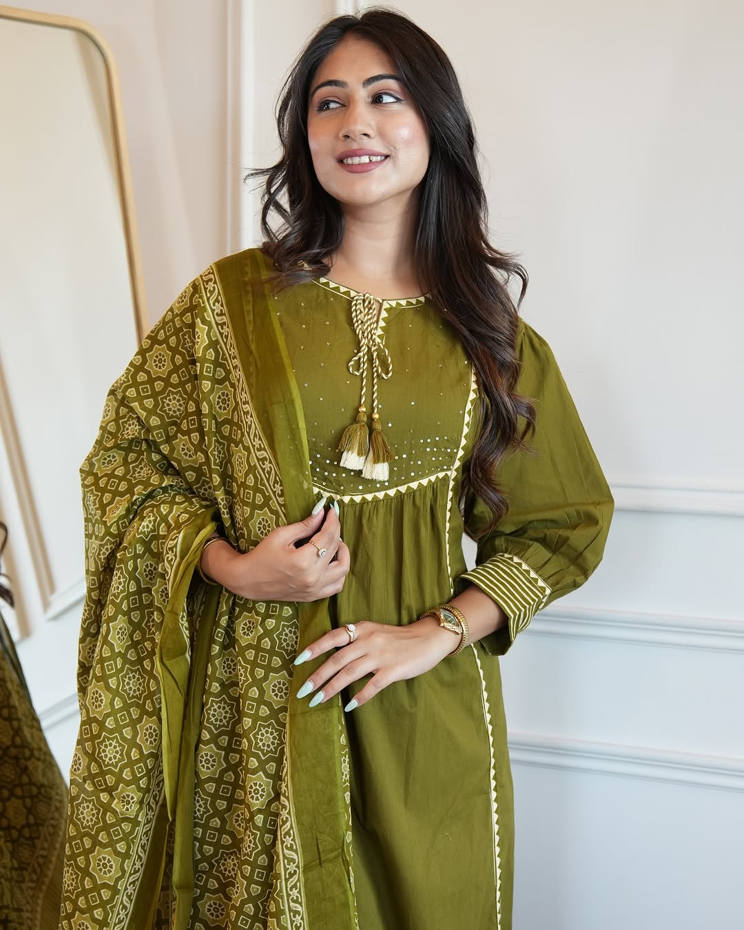 Floral Embroidered Chanderi Cotton  Patti Work Kurta And Pant With Dupatta Set