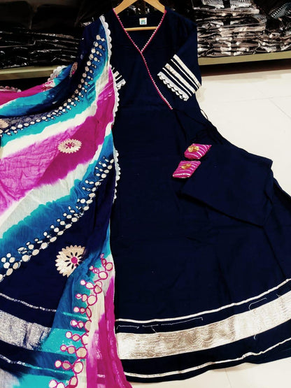 Royal Blue GottaPatti Anarkali Set With Organza Dupatta