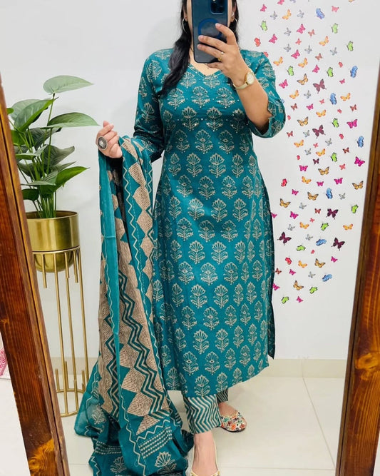 Teal  Kalamkari Designer Suit with Fusion Azrak Print Kurti Pant Dupatta Set