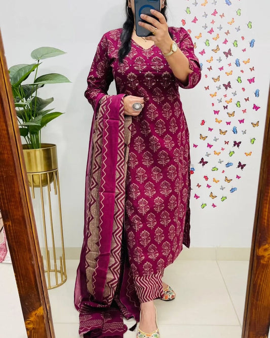 Pink Kalamkari Designer Suit with Fusion Azrak Print Kurti Pant Dupatta Set