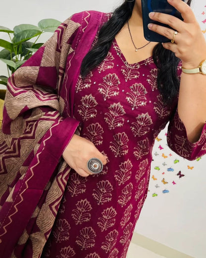 Pink Kalamkari Designer Suit with Fusion Azrak Print Kurti Pant Dupatta Set