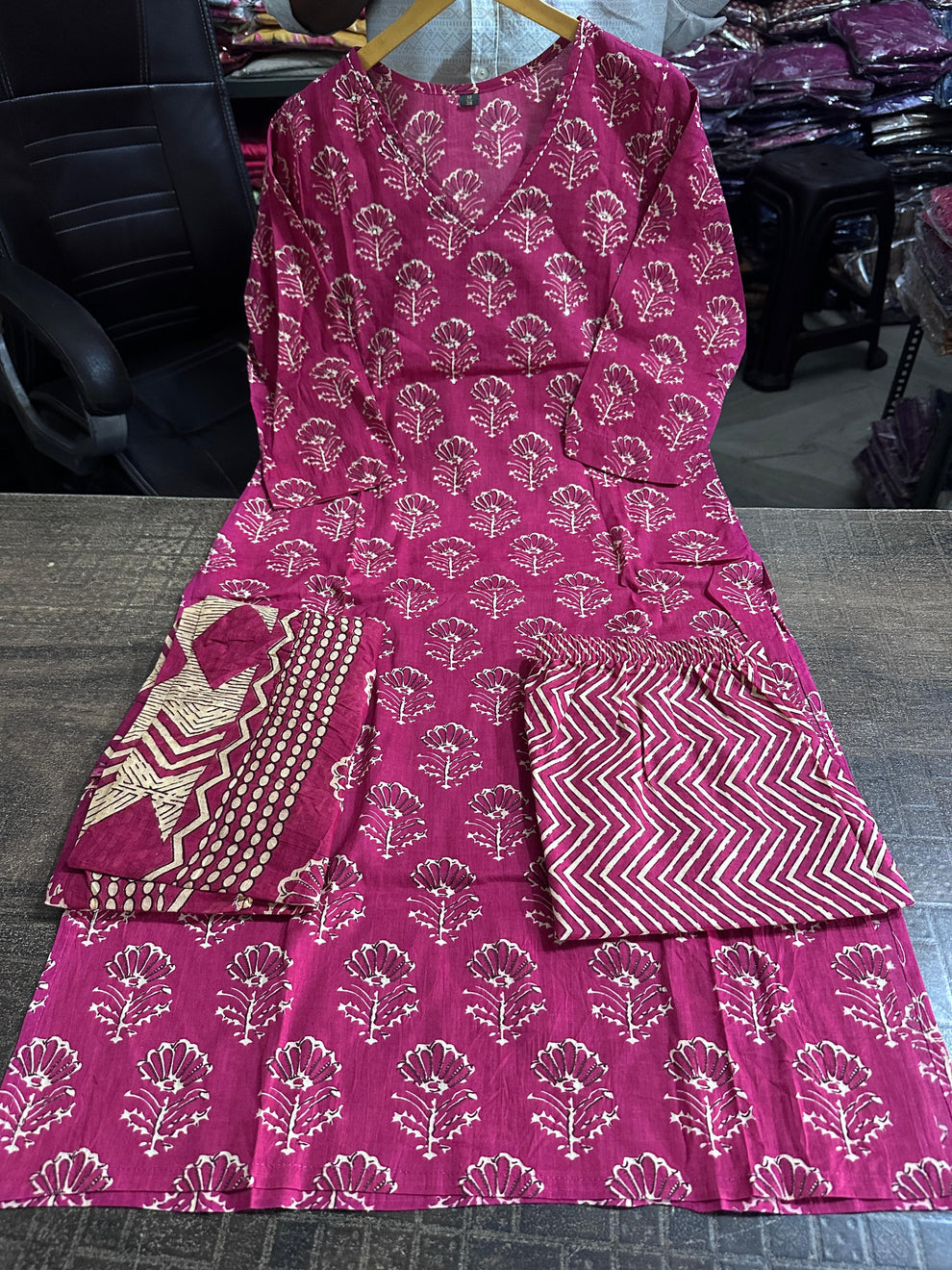 Pink Kalamkari Designer Suit with Fusion Azrak Print Kurti Pant Dupatta Set