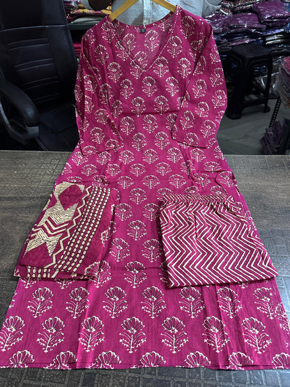 Pink Kalamkari Designer Suit with Fusion Azrak Print Kurti Pant Dupatta Set