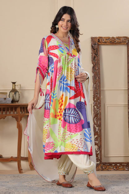 Cream Anarkali Cotton Printed Floral Blunt V Abstract Set