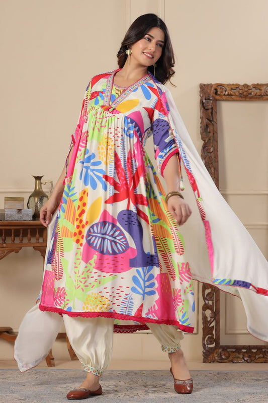 Cream Anarkali Cotton Printed Floral Blunt V Abstract Set