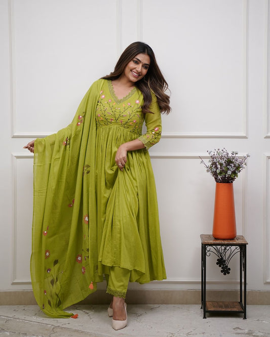 Biba Green Look Beautiful And Elegant In Our Best Cotton Suit Set.