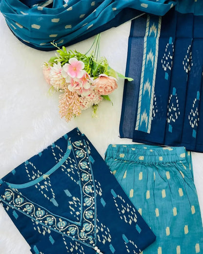 Women Blue Ikka Print Cotton Kurta Set With  Dupatta Set
