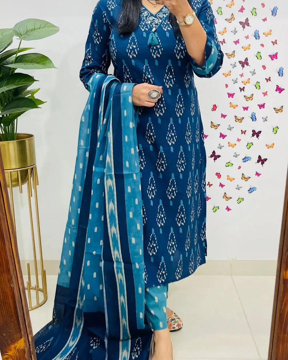 Women Blue Ikka Print Cotton Kurta Set With  Dupatta Set