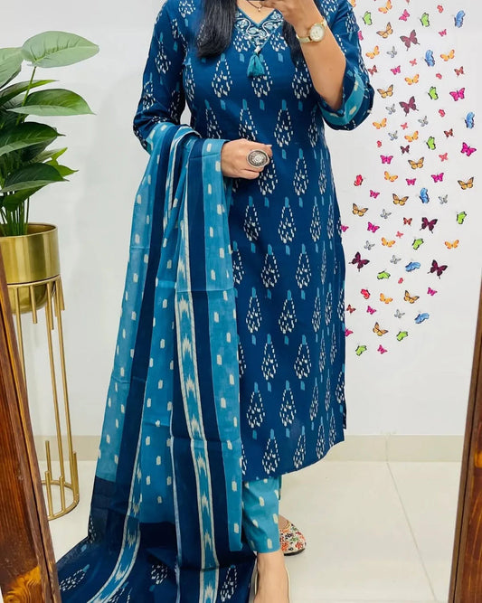Women Blue Ikka Print Cotton Kurta Set With  Dupatta Set