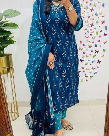 Women Blue Ikka Print Cotton Kurta Set With  Dupatta Set