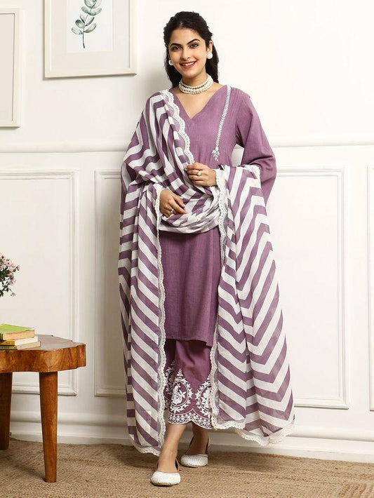 Lavender colour V-shaped cotton kurti-pant and dupatta set