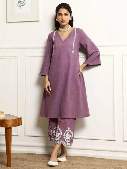 Lavender colour V-shaped cotton kurti-pant and dupatta set