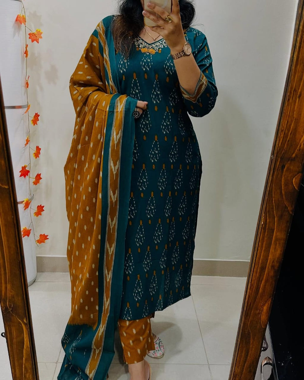 Women Teal And Mustrad Ikka Print Cotton Kurta Set With  Dupatta Set
