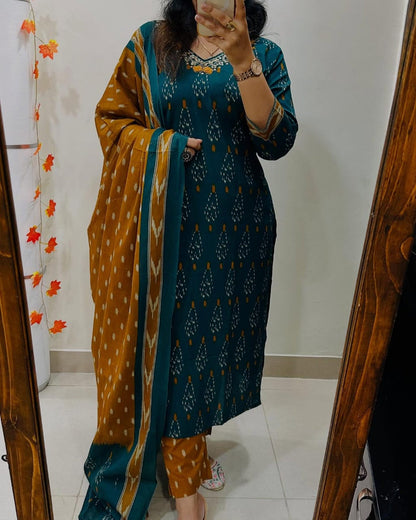 Women Teal And Mustrad Ikka Print Cotton Kurta Set With  Dupatta Set