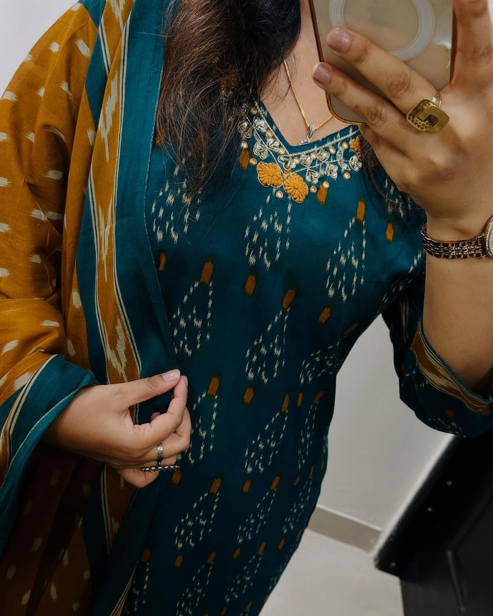 Women Teal And Mustrad Ikka Print Cotton Kurta Set With  Dupatta Set