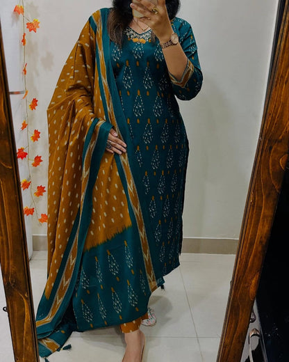 Women Teal And Mustrad Ikka Print Cotton Kurta Set With  Dupatta Set