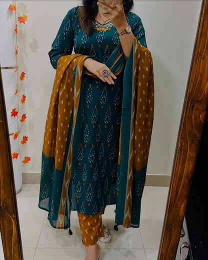 Women Teal And Mustrad Ikka Print Cotton Kurta Set With  Dupatta Set