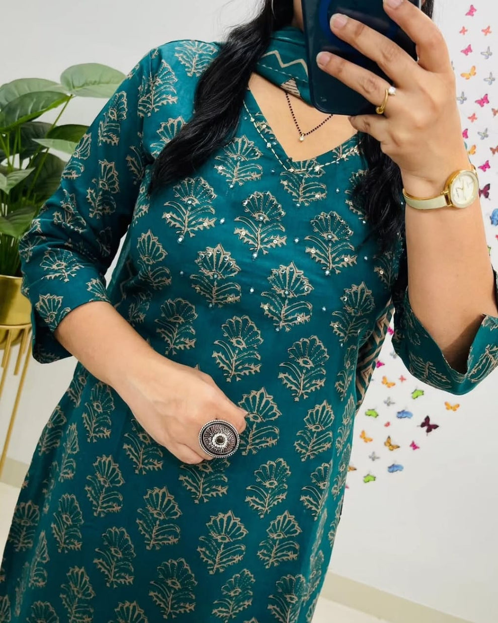 Teal  Kalamkari Designer Suit with Fusion Azrak Print Kurti Pant Dupatta Set