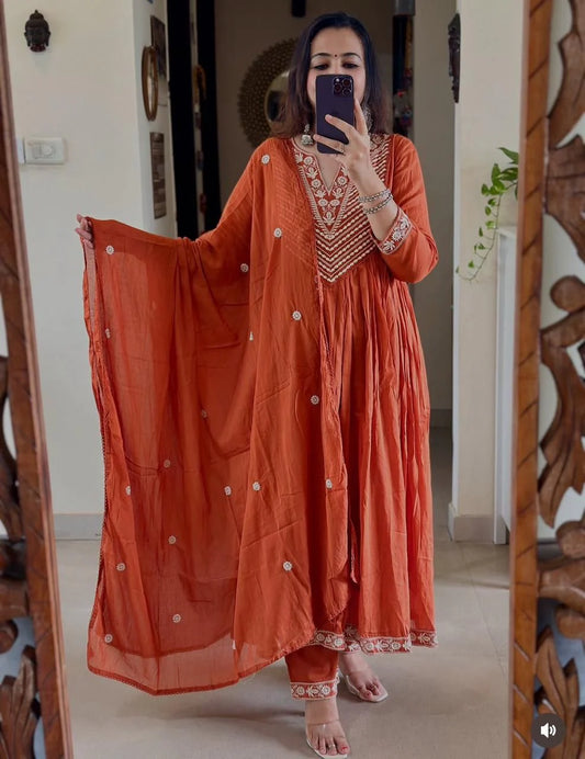Beautiful Pure Mul Cotton Anarkali Kurta Set with Side Embroidery