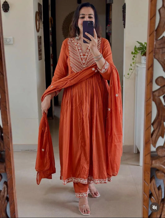 Beautiful Pure Mul Cotton Anarkali Kurta Set with Side Embroidery