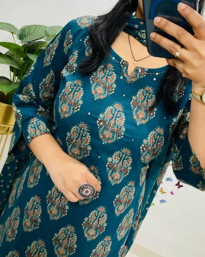Teal And Dark Blue Designer Azrak Cotton Suit