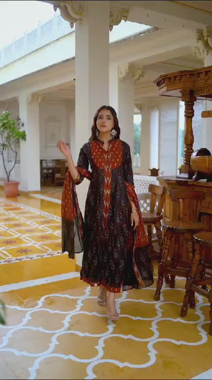 Biba Black Designer Ekka Print With Anarkali Pant And Dupatta Set