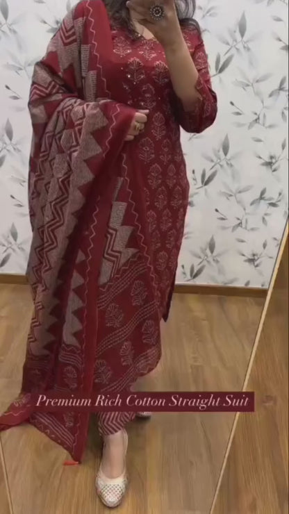 Red Kalamkari Designer Suit with Fusion Azrak Print Kurti Pant Dupatta Set